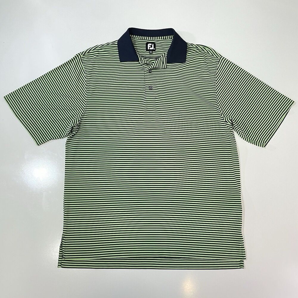 FJ Footjoy Polo Tour Shirt Men's Striped Blue Green Golf Short Sleeve Stretch M